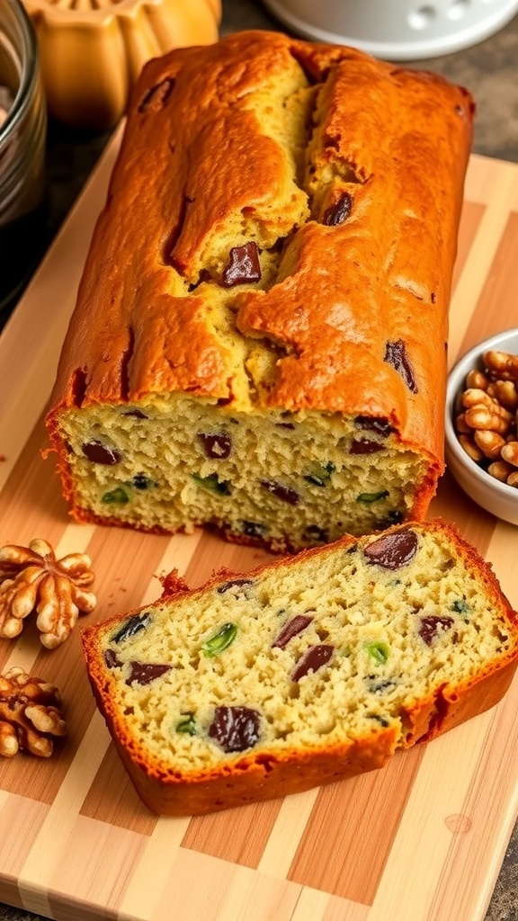 A loaf of zucchini bread sliced to show its moist texture, with walnuts and a rustic kitchen setting.
